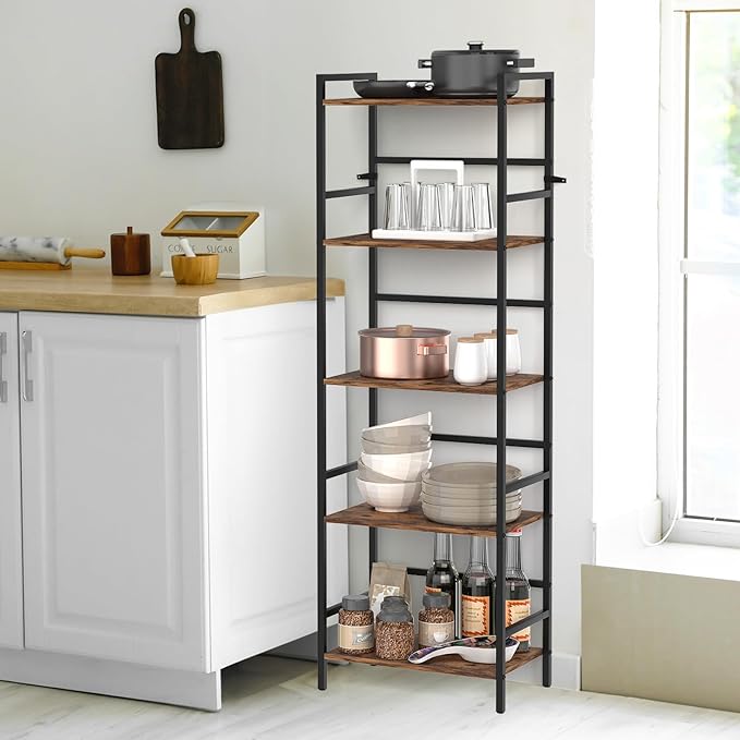 CADUKE 5 Tier Industrial Bookshelf Tall Bookcase with Storage Book Shelf Stand Wood and Metal Book Shelves for Office Brown Bookcase Shelf for Bedroom Kids Room - LeafyLoom