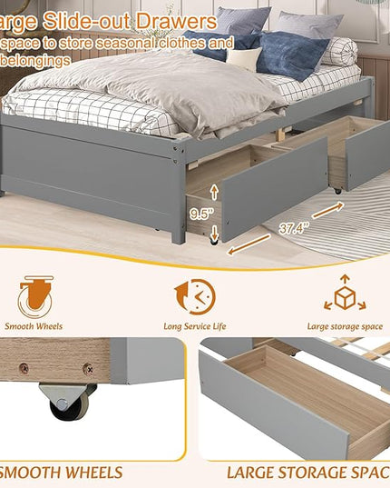 Twin Bed with 2 Storage Drawers, Solid Pinewood Twin Size Bed Frame,for Boys/Girls/Teens Bedroom, Easy to Assemble, No Box Spring Needed,Grey - LeafyLoom