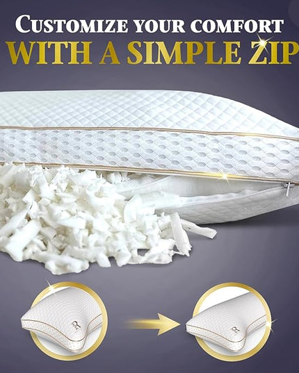 Royal Therapy Adjustable Queen Pillows, Shredded Memory Foam Pillows Queen Size Set, Cooling Pillow Bed Pillow Firm Pillow Rayon Derived from Bamboo Pillow Foam Pillow Side Sleepers Pillows Sleeping - LeafyLoom