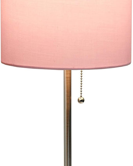 Simple Designs LT1144-LPK Sleek and Slender Brushed Steel Table Lamp with Charging Outlet, for Bedroom, Living Room, Entryway, Office, Dining Room, Study, Light Pink Shade - LeafyLoom