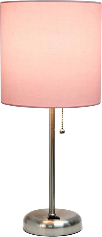Simple Designs LT1144-LPK Sleek and Slender Brushed Steel Table Lamp with Charging Outlet, for Bedroom, Living Room, Entryway, Office, Dining Room, Study, Light Pink Shade - LeafyLoom