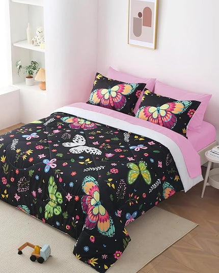 Kids Butterfly Comforter Set Full Size for Girls Colorful Flowers Leaves Bedding Set for Teens Black 7 Piece Bed in A Bag Super Soft All Season - LeafyLoom