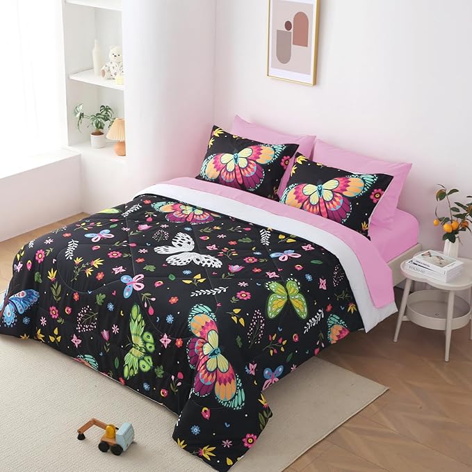 Girls Butterfly Comforter Set Twin Size Colorful Flowers Leaves Bedding Set for Kids Teens Black 7 Piece Bed in A Bag Super Soft All Season - LeafyLoom