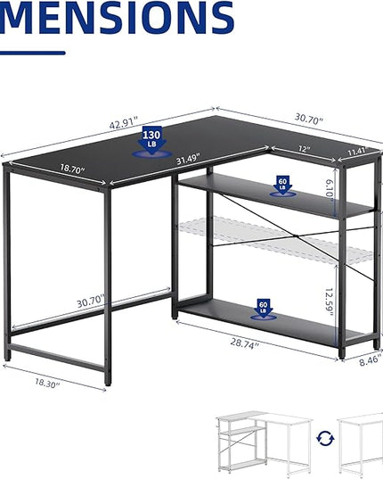 Pamray 43 Inch L Shaped Computer Desk with Reversible Side Storage Shelves, Small Corner Desk for Small Space Home Office,Writing Study Table Gaming PC Desk for Bedroom,Black - LeafyLoom