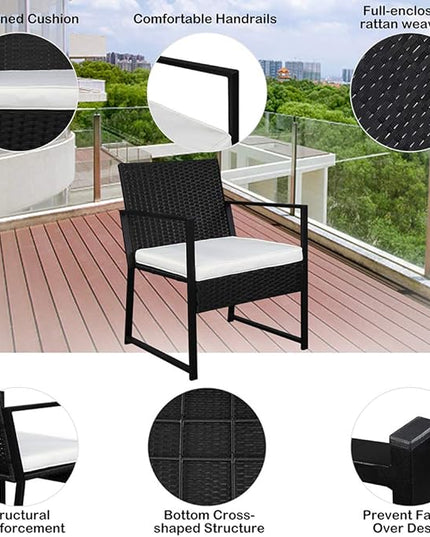 Outvita 3PCS Rattan Conversation Set, Outdoor Wicker Furniture Bistro Set 2 Chairs and Glass Top Table for Small Balcony Backyard Patio(Black) - LeafyLoom