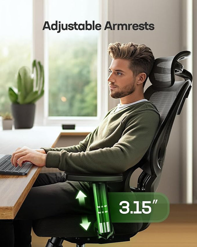 Marsail Ergonomic Office Chair Desk Chair High Back Mesh Office Chair with Adjustable Lumbar Support and Adjustable 2D Headrest, Ergonomic Gaming Chair for Home Office, Bright Black - LeafyLoom