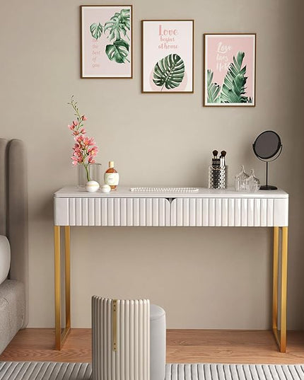 Elegant Modern Desk, 2 Drawers, Gold Legs, 43.3x15.75 inches, Home Office, Makeup Vanity, Computer, Writing, Study, Entryway, Sofa Table - LeafyLoom