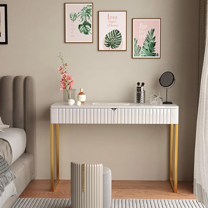 Elegant Modern Desk, 2 Drawers, Gold Legs, 43.3x15.75 inches, Home Office, Makeup Vanity, Computer, Writing, Study, Entryway, Sofa Table - LeafyLoom