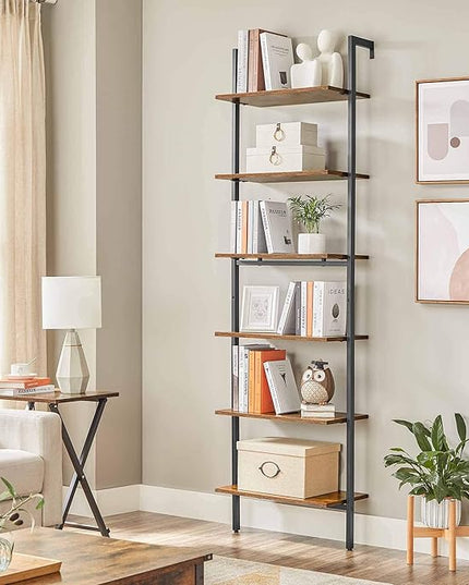 VASAGLE Industrial Ladder Shelf, 6-Tier Bookshelf, Wall Shelf for Living Room, Office, Kitchen, Bedroom, 23.6 x 11.8 x 80.6 Inches, Rustic Brown and Black ULLS103B01 - LeafyLoom