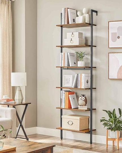 VASAGLE Industrial Ladder Shelf, 6-Tier Bookshelf, Wall Shelf for Living Room, Office, Kitchen, Bedroom, 23.6 x 11.8 x 80.6 Inches, Rustic Brown and Black ULLS103B01 - LeafyLoom