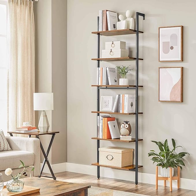 VASAGLE Industrial Ladder Shelf, 6-Tier Bookshelf, Wall Shelf for Living Room, Office, Kitchen, Bedroom, 23.6 x 11.8 x 80.6 Inches, Rustic Brown and Black ULLS103B01 - LeafyLoom