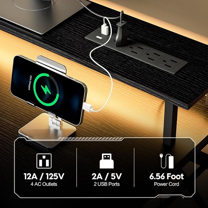 Computer Desk with Drawers and Storage Shelves, Home Office Desk with LED Lights & Power Outlets, Gaming Desk with Monitor Stand, Writing Study Desk, Kids Small Desk for Bedroom, Black - LeafyLoom