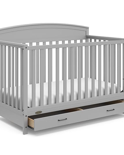 Graco Benton 5-in-1 Convertible Crib with Drawer (Pebble Gray) -Converts from Baby Crib to Toddler Bed, Daybed and Full-Size Bed,Fits Standard Full-Size Crib Mattress, Adjustable Mattress Support Base - LeafyLoom