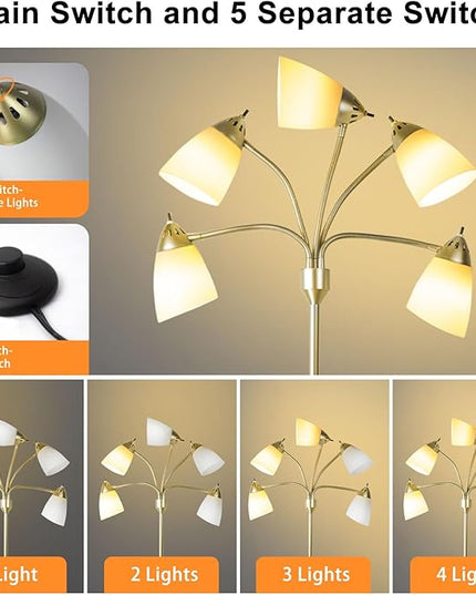 DINGLILIGHTING Floor Lamp Modern for Living: Flexible Gooseneck Floor Lamps Standing for Bedroom Home Office - Tall Floor Lights Gold 5-light - LeafyLoom