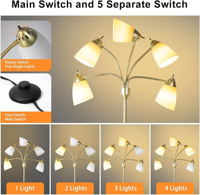 DINGLILIGHTING Floor Lamp Modern for Living: Flexible Gooseneck Floor Lamps Standing for Bedroom Home Office - Tall Floor Lights Gold 5-light - LeafyLoom