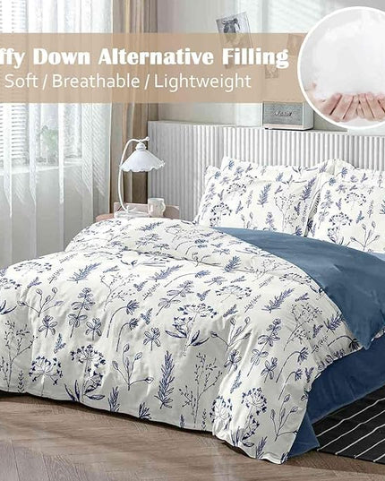 Nanko Blue Floral Comforter Set Queen Size 3 Pcs, White Flower Leaf Printed Pattern Spring Soft Microfiber Alternative Duvet, Vintage Farmhouse Lightweight Bedding Set Bed in a Bag for Women Men 90x90 - LeafyLoom
