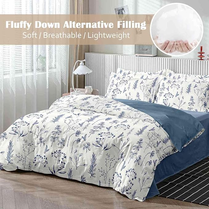 Nanko Blue Floral Comforter Set King Size 3 Pcs, White Flower Leaf Printed Pattern Spring Soft Microfiber Alternative Duvet, Vintage Farmhouse Lightweight Bedding Set Bed in a Bag for Women Men 104x90 - LeafyLoom