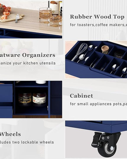 Kitchen Island on Lockable Wheels, Mobile Kitchens Cart with Rubber Wood Countertop, w/Drawer and Storage Cabinet for Dining Room, Bar - LeafyLoom
