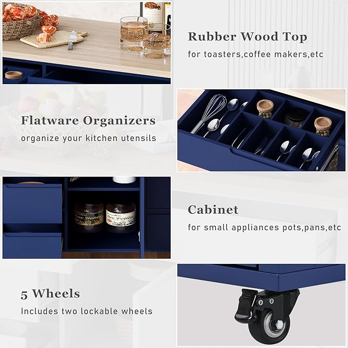 Kitchen Island on Lockable Wheels, Mobile Kitchens Cart with Rubber Wood Countertop, w/Drawer and Storage Cabinet for Dining Room, Bar - LeafyLoom
