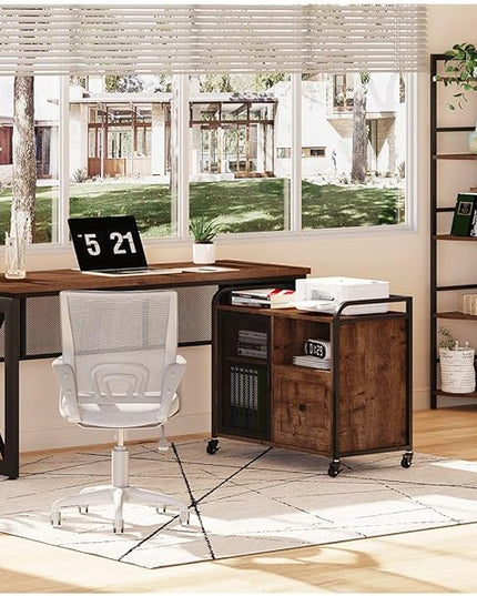 BON AUGURE Filing Cabinet for Home Office, Rolling Lateral File Cabinet with Storage, Wood Metal Printer Stand with Drawer (Rustic Oak) - LeafyLoom