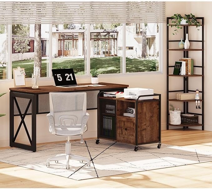 BON AUGURE Filing Cabinet for Home Office, Rolling Lateral File Cabinet with Storage, Wood Metal Printer Stand with Drawer (Rustic Oak) - LeafyLoom
