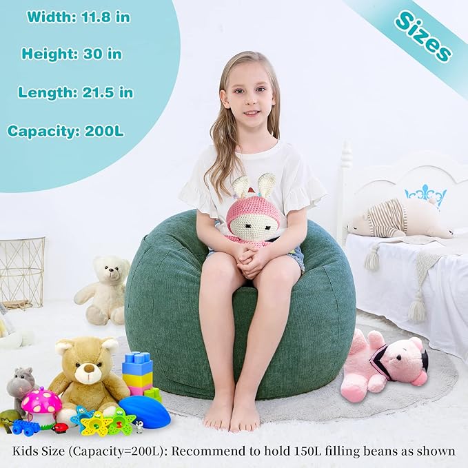 Stuffed Animal Storage Bean Bag Chair Cover (No Filler) for Kids and Adults.Soft Premium Corduroy Stuffable Beanbag for Organizing Children Plush Toys or Memory Foam Small 100L (Green) - LeafyLoom