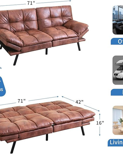 MUUEGM Faux Leather Futon Sofa Bed, Convertible Memory Foam Couch Bed, Modern Love Seat for Living Room,Compact Space,Apartment,Office,Adjustable Backrests Armrests Couch Sleeper,71" Brown - LeafyLoom