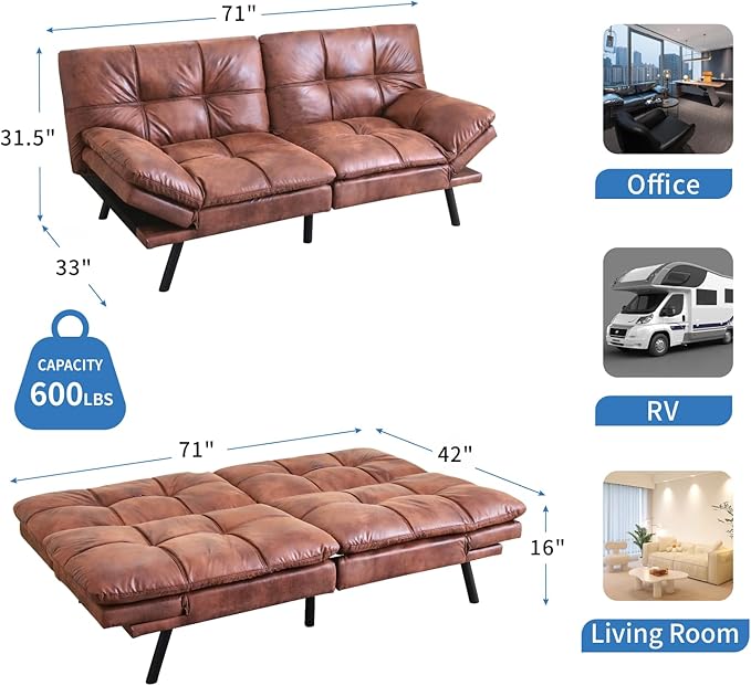 MUUEGM Faux Leather Futon Sofa Bed, Convertible Memory Foam Couch Bed, Modern Love Seat for Living Room,Compact Space,Apartment,Office,Adjustable Backrests Armrests Couch Sleeper,71" Brown - LeafyLoom
