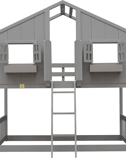 Twin Size House Bunk Bed with Roof, Door, Window and Small Box, Wooden Low Bunkbed Frame with Safety Guardrails and Ladder, for Kids Teens Bedroom, Twin Over Twin, Grey - LeafyLoom