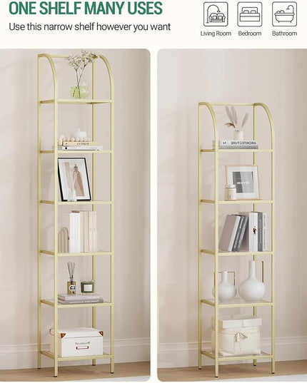 Bookcase Bookshelf, Tempered Glass Arched Bookshelf for More Storage, Slim Shelving Unit for Bedroom, Bathroom, Home Office, Steel Frame, 5 Tier Gold BC20599G - LeafyLoom