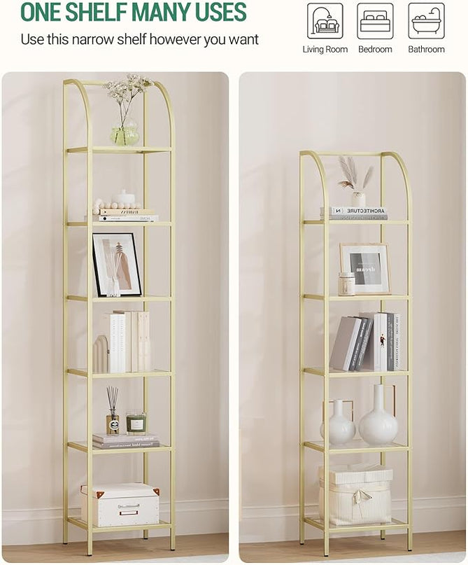 Bookcase Bookshelf, Tempered Glass Arched Bookshelf for More Storage, Slim Shelving Unit for Bedroom, Bathroom, Home Office, Steel Frame, 5 Tier Gold BC20599G - LeafyLoom