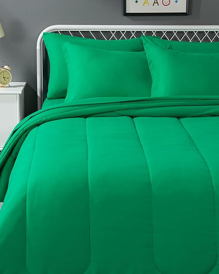 Amazon Basics 7 Piece Microfiber Kid's Bed-in-a-Bag Bedding Set, Full/Queen, Green, Solid - LeafyLoom