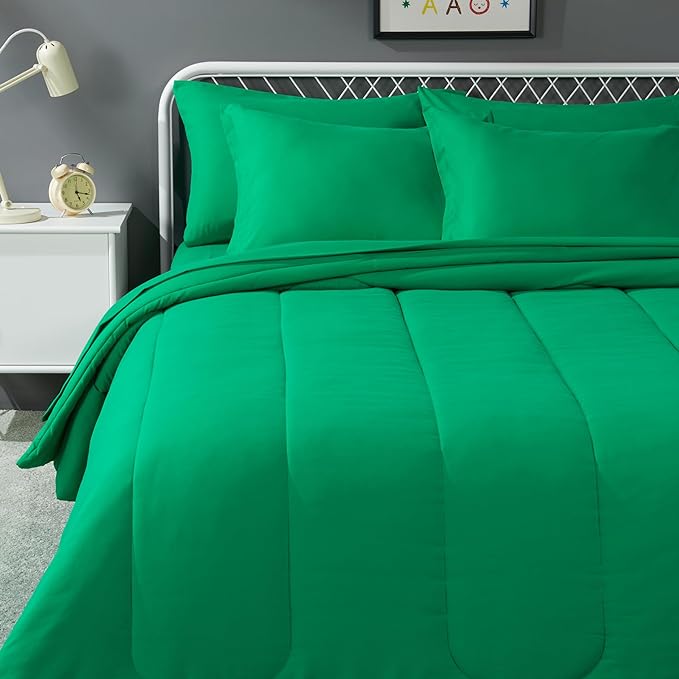 Amazon Basics 7 Piece Microfiber Kid's Bed-in-a-Bag Bedding Set, Full/Queen, Green, Solid - LeafyLoom