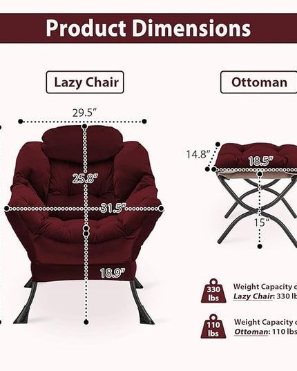 Lazy Chair with Folding Ottoman, Accent Chair Velvet Upholstered with Metal Structure and Non-Slip Pads, Sofa Armchair with Footrest and Side Storage Bag for Dorm, Room, Office, Burgundy - LeafyLoom