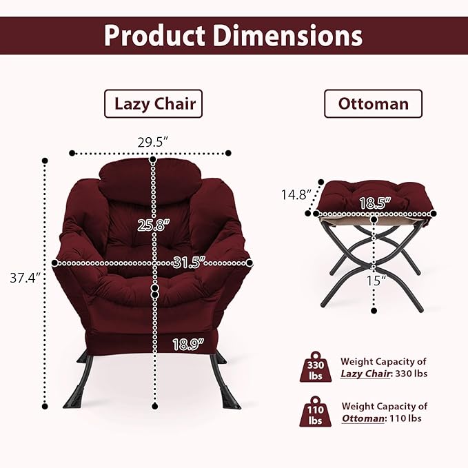 Lazy Chair with Folding Ottoman, Accent Chair Velvet Upholstered with Metal Structure and Non-Slip Pads, Sofa Armchair with Footrest and Side Storage Bag for Dorm, Room, Office, Burgundy - LeafyLoom