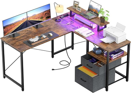 Homieasy L Shaped Computer Desk with Storage File Drawer, Reversible Home Office Desk with Recessed Power Strip and Led Strip, Corner Gaming Desk Work Study Table with Monitor Stand, Rustic Brown - LeafyLoom