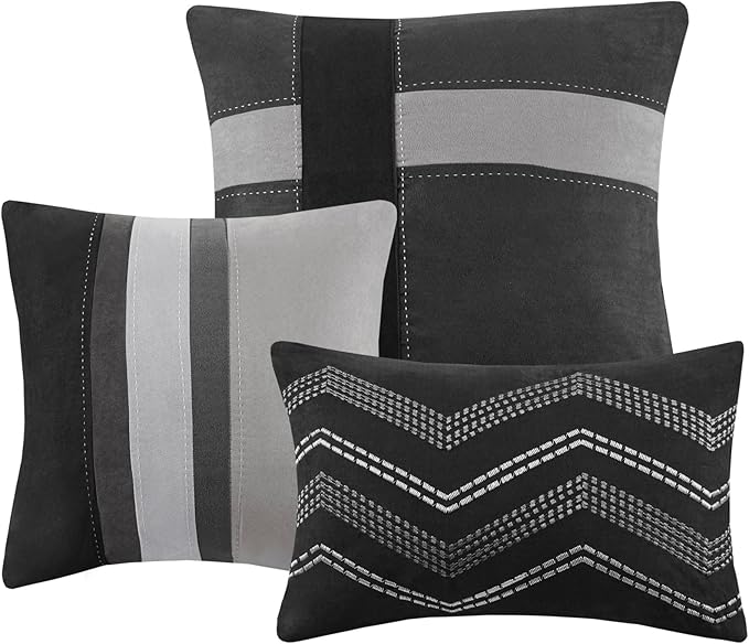 Madison Park Palisades Comforter Set Modern Faux Suede Pieced Stripe Design, All Season Down Alternative Cozy Bedding with Matching Shams, Decorative Pillows, Queen(90"x90"), Black 7 Piece - LeafyLoom