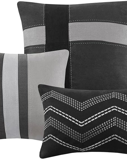 Madison Park Palisades Comforter Set Modern Faux Suede Pieced Stripe Design, All Season Down Alternative Cozy Bedding with Matching Shams, Decorative Pillows, King(104"x92"), Black 7 Piece - LeafyLoom