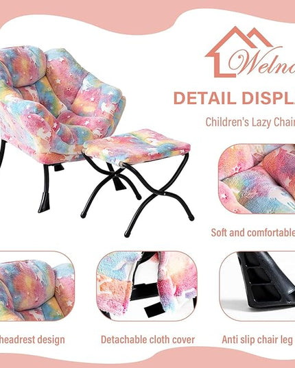Welnow Toddler Kids Lazy Chair with Ottoman, Glow in The Dark Accent Comfy Lounge Children Armchair Couch with Removable Cover, Detachable Reading Chair with Footrest for Boy or Girl - LeafyLoom