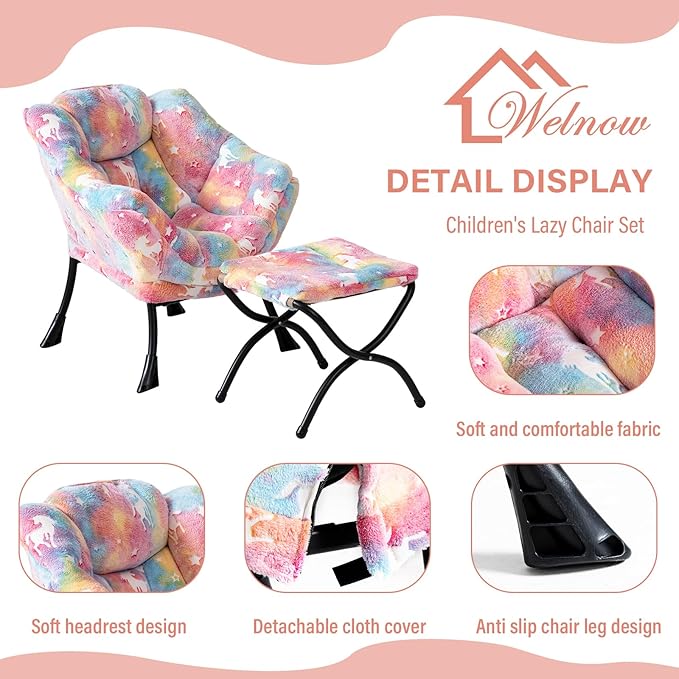 Welnow Toddler Kids Lazy Chair with Ottoman, Glow in The Dark Accent Comfy Lounge Children Armchair Couch with Removable Cover, Detachable Reading Chair with Footrest for Boy or Girl - LeafyLoom