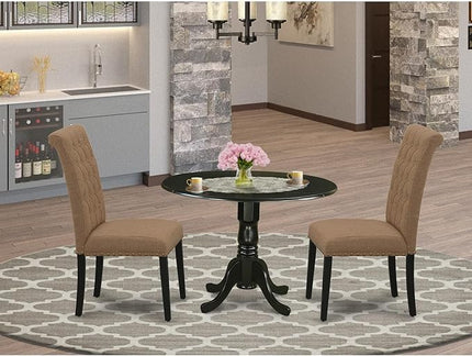 East West Furniture DLBR3-BLK-17 3 Piece Dining Room Furniture Set Contains a Round Dining Table with Dropleaf and 2 Light Sable Linen Fabric Upholstered Chairs, 42x42 Inch, Black - LeafyLoom
