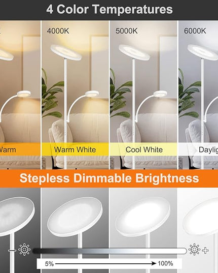 OUTON LED Floor Lamp, 27W/2400LM Modern Torchiere Lamp & 7W/ 400LM Reading Lamp, Bright Dimmable Standing Tall Lamp with 4 Color Temperature, Remote Touch Control for Living Room Bedroom Office, White - LeafyLoom