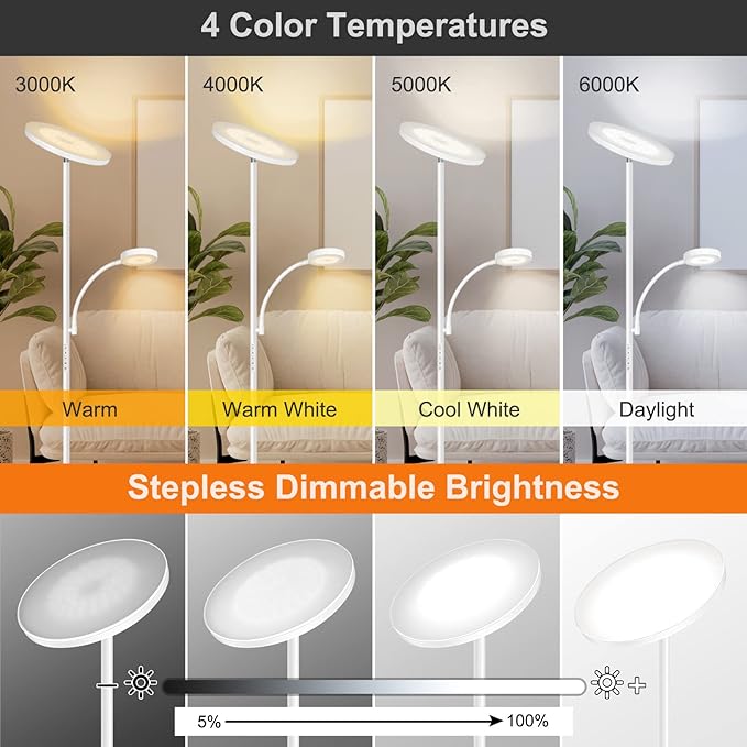 OUTON LED Floor Lamp, 27W/2400LM Modern Torchiere Lamp & 7W/ 400LM Reading Lamp, Bright Dimmable Standing Tall Lamp with 4 Color Temperature, Remote Touch Control for Living Room Bedroom Office, White - LeafyLoom