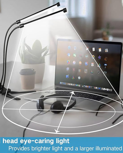 Clip on Lamp, Dual Head Bright Eye-Care 3 Color Mode Desk Lamp with Clamp, 5 Level Dimmer Clip on Light, 360 °Adjustable Clip on Desk Lamp for Reading, Working, Bedroom, Music Stand - LeafyLoom