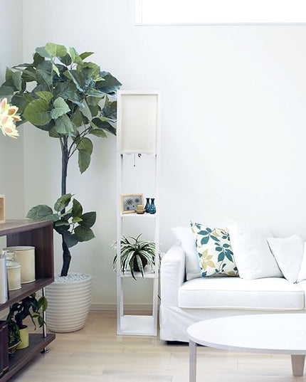 Simple Designs LF1014-WHT-LB Three Shelf Etagere Organizer Storage Floor Lamp with White Linen Shade for Living Room, Bedroom, Office, Hallway, White, with Feit LED Bulb Included - LeafyLoom