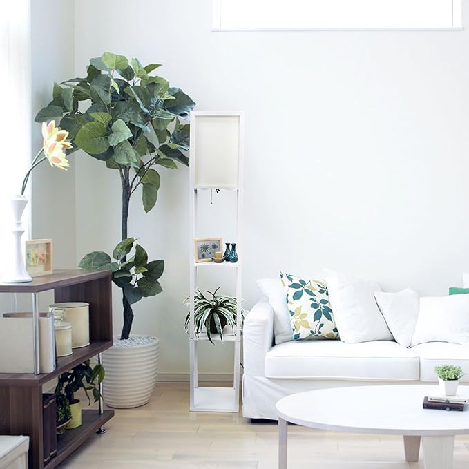 Simple Designs LF1014-WHT-LB Three Shelf Etagere Organizer Storage Floor Lamp with White Linen Shade for Living Room, Bedroom, Office, Hallway, White, with Feit LED Bulb Included - LeafyLoom