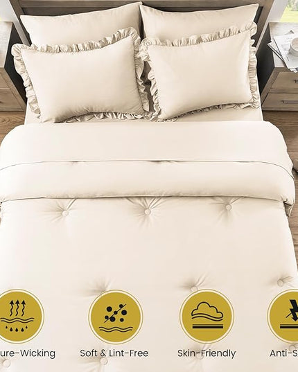 California King Bed in a Bag 7 Pieces Cal King Comforter Set, Ruffle Shabby Chic Bedding Comforter Set Birch Bed Set with Comforter, Pillowcases, Flat Sheet, Fitted Sheet and Pillow Shams - LeafyLoom