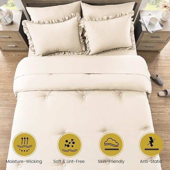 Full Bed in a Bag 7 Pieces Full Size Comforter Set, Ruffle Shabby Chic Bedding Comforter Set Birch Bed Set with Comforter, Pillowcases, Flat Sheet, Fitted Sheet and Pillow Shams - LeafyLoom
