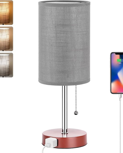 Dott Arts Table Lamp for Bedroom, 3-Color Bedside Lamps with Pull Chain, Bedroom Table Lamps for Nightstand,Small Lamp for Living Room, Bulb Included Grey Striped … - LeafyLoom