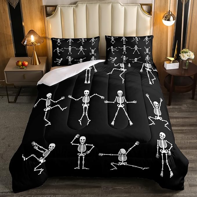 Erosebridal Sugar Skull Comforter Set Twin Size Skeleton Bones Bedding Set for Kids Boys Girls Teens Adult Halloween Horror Theme Down Comforter Gothic Spooky Duvet Sets with 1 Pillow Case - LeafyLoom
